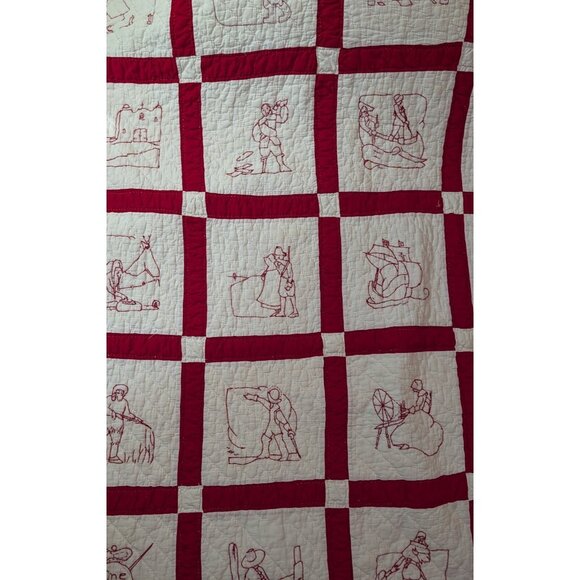 Redwork Colonial Embroidered Quilt Early 1900s Twin 83x67 Pioneer Hand quilted - Picture 5 of 16